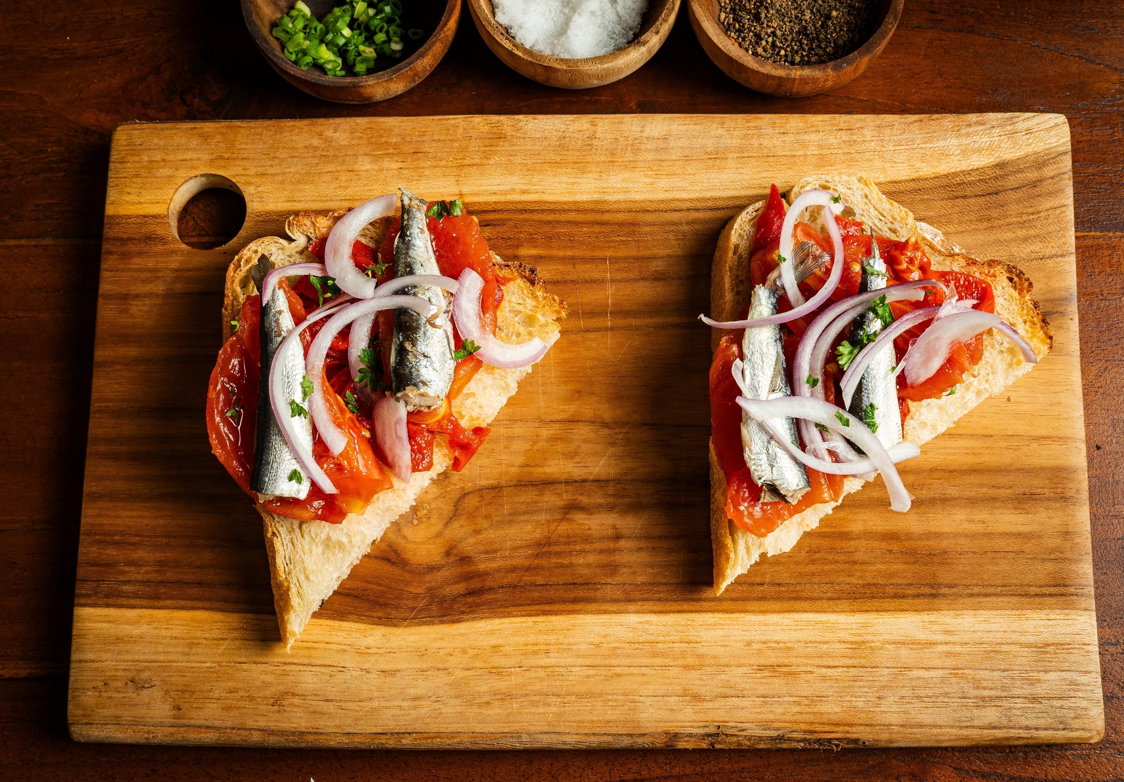 Baby Sardines on Whole Peeled Tomato Toast